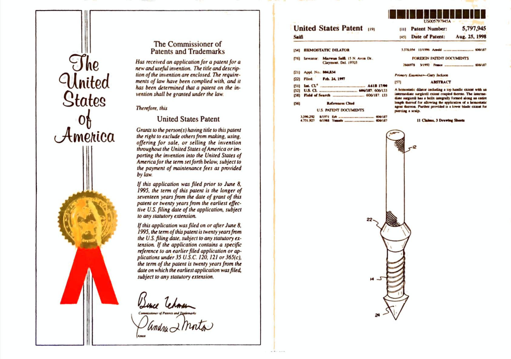 United States Patent- Saifi- Patent Number: 5,797,945 Hemostatic Dilator